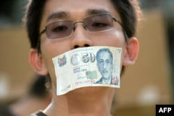 Seorang pedemo menempelkan lembaran 50 dolar singapura saat demo kebebasan berpendapat di Speakers' Corner, Singapura, 8 Juni 2013. (Foto: Roslan Rahman/AFP)